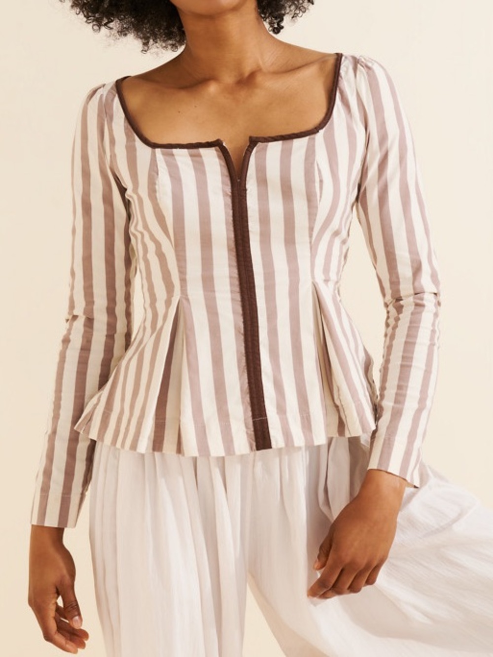 Maeve Anthropologie Cream and Brown Striped Square-Neck Blouse Romantic Small